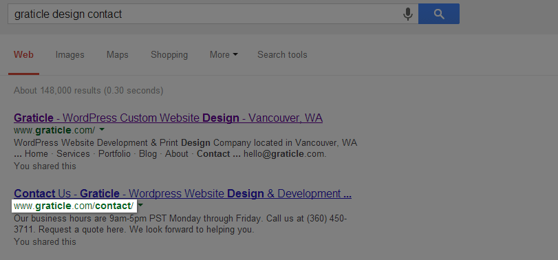 Search engine results for Graticle's contact page showing how pretty permalinks appear