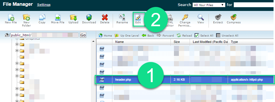 cPanel - File Manager - Editing Header