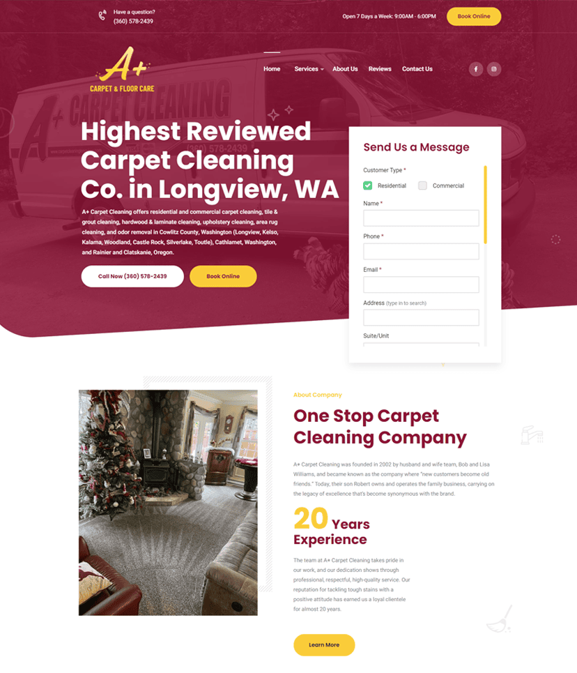 Web design by Graticle for A+ Carpet Cleaning in Longview, WA, showcasing their claim as the highest reviewed carpet cleaning company.