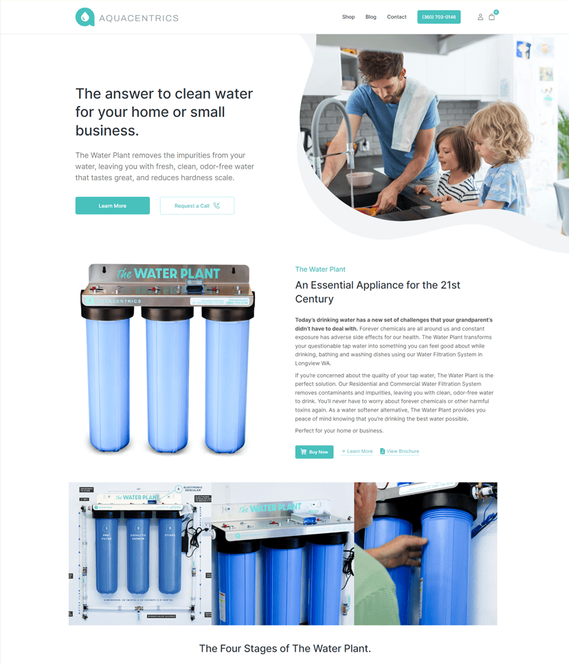 Website for Aquacentrics designed by Graticle, presenting 'The Water Plant' filtration system as the clean water solution for homes and small businesses.