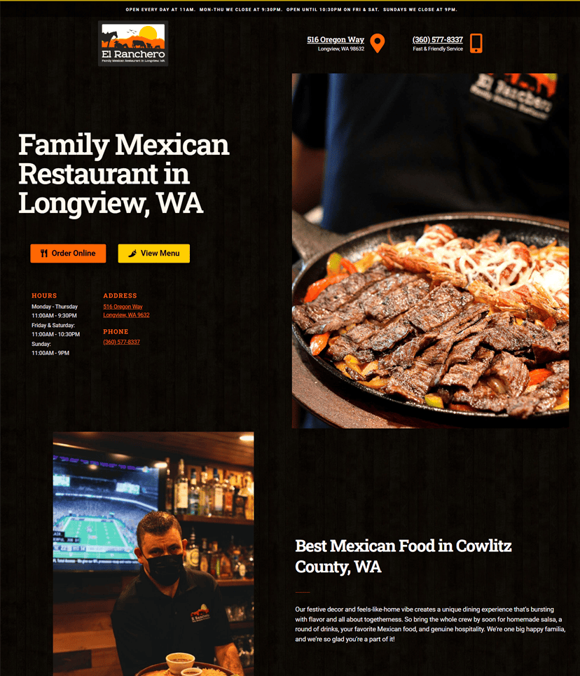 Graticle Design's web creation for El Ranchero, a family Mexican restaurant in Longview, WA, featuring their inviting menu and atmosphere.