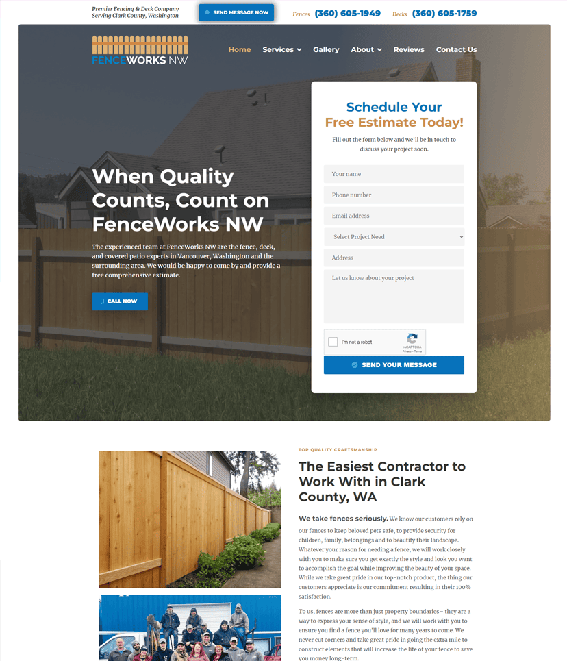 Screenshot of FenceWorks NW website we created with a call to action for a free estimate, serving Clark County, Washington, showcasing fencing services.