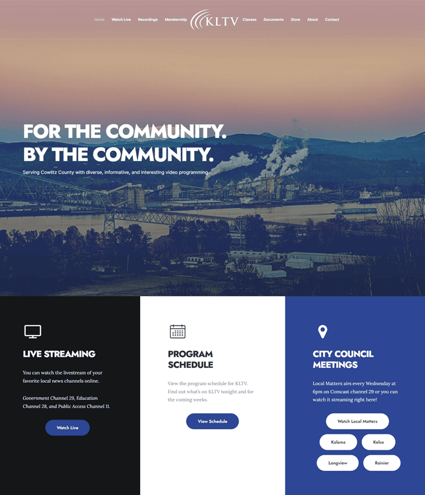 KLTV's website we created with slogan 'FOR THE COMMUNITY. BY THE COMMUNITY.', offering local video programming in Cowlitz County.