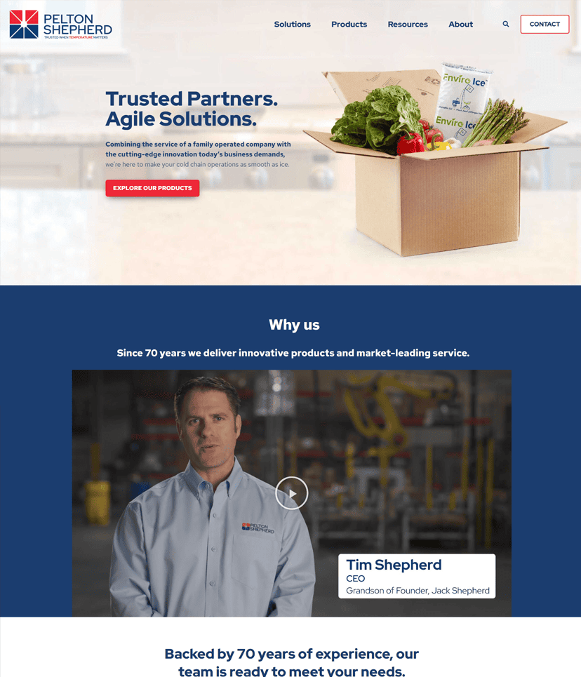 Pelton Shepherd's website we created with a headline 'Trusted Partners. Agile Solutions.' featuring fresh produce packaging and CEO Tim Shepherd's message.