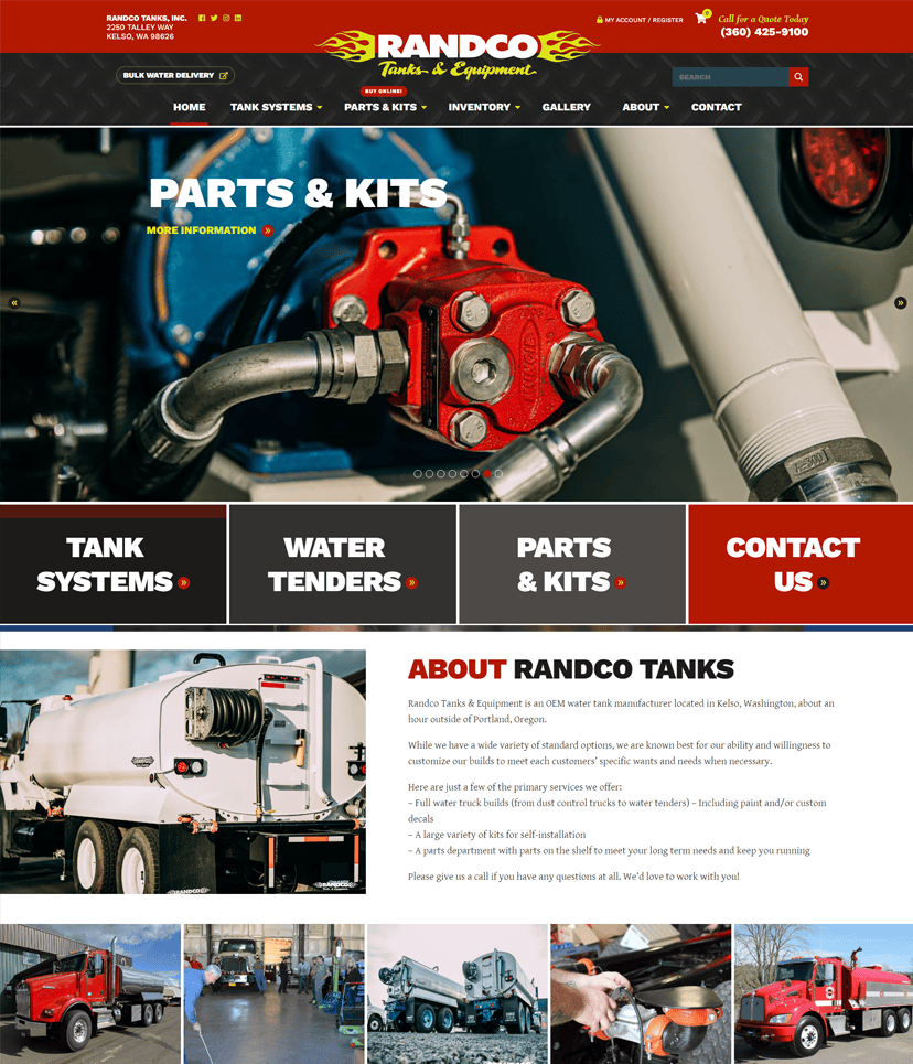 Website for Randco Tanks, showcasing their parts and kits, created by Graticle Design, serving as an OEM water tank manufacturer in Kelso, WA.