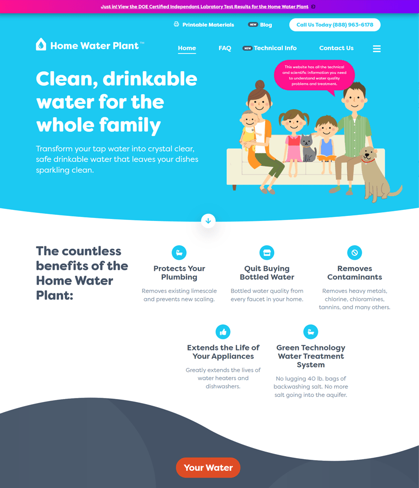 Aquacentric's Home Water Plant website, crafted by Graticle Design, offering clean, drinkable water solutions for families, with a colorful, friendly interface.
