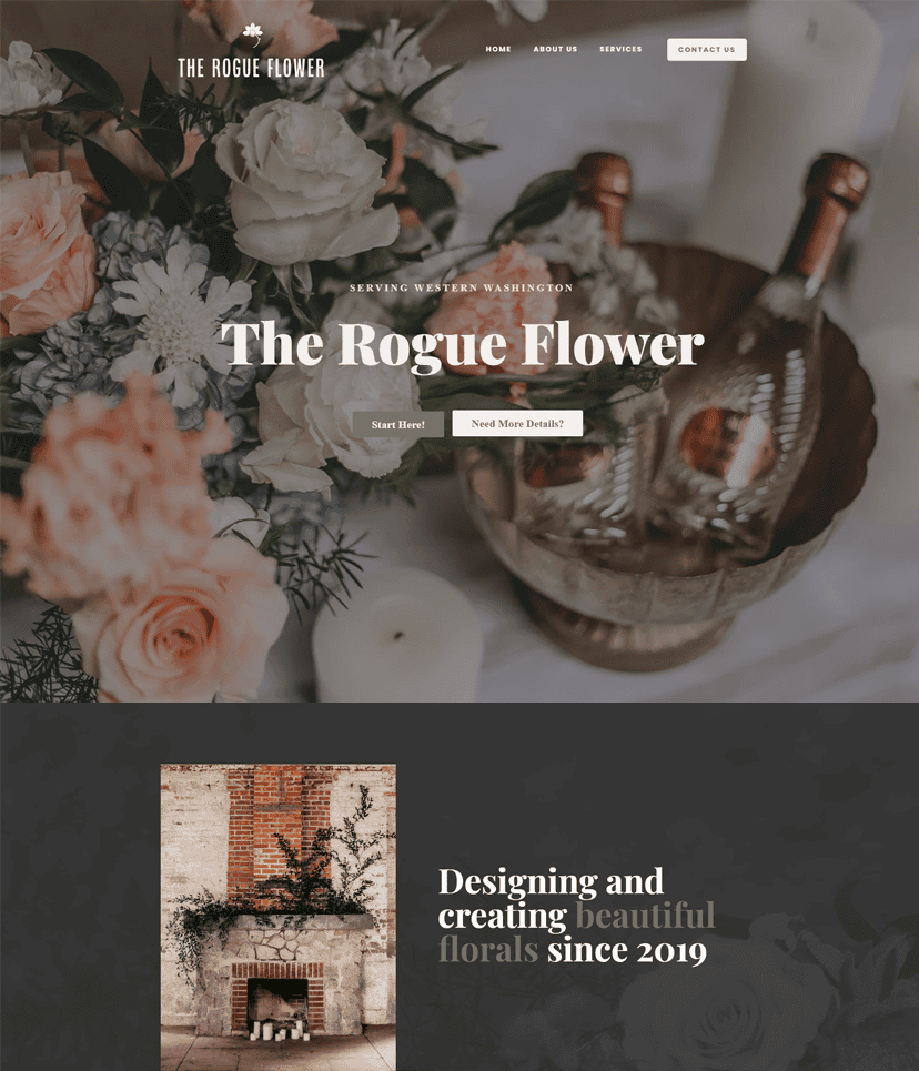 Elegant web design by Graticle for The Rogue Flower, featuring their floral arrangements and services, with a sophisticated, dark floral theme.
