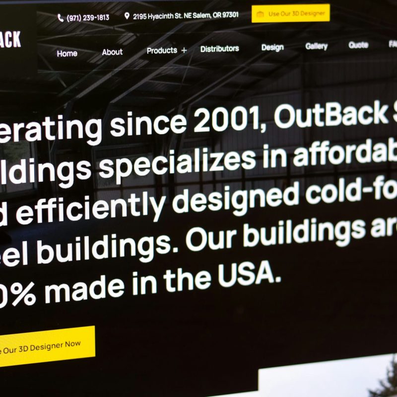 Graticle Design's website for OutBack Steel Buildings, emphasizing their expertise in affordable, US-made cold-formed steel buildings since 2001.